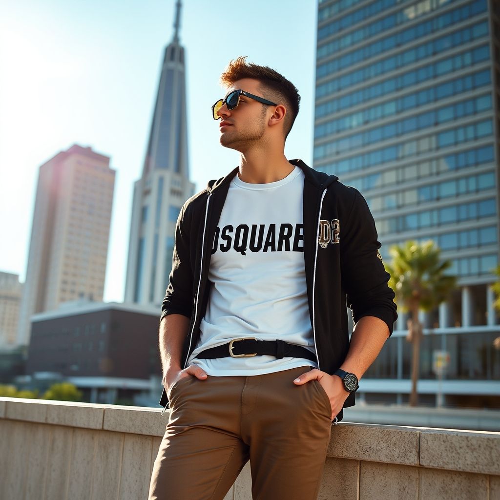 Bărbat cu tricou DSQUARED2 alb în oraș