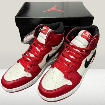 Classic Jordan 1 Chicago laced up with white and red contrast
