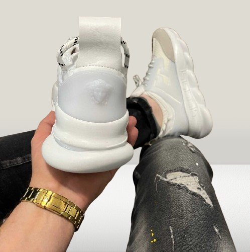 Heel view of classic white Versace Chain  Shoes