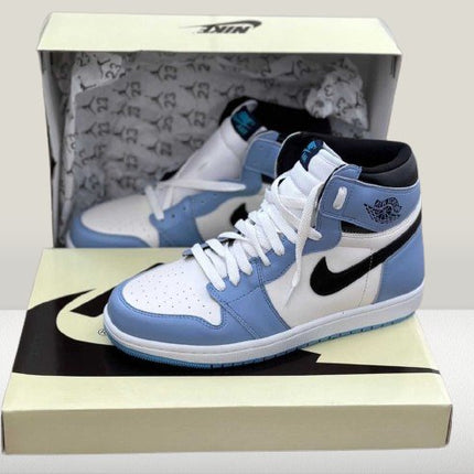 Jordan 1 University blue with Nike box close view