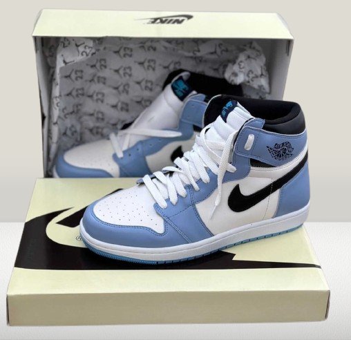 Jordan 1 University blue with Nike box close view