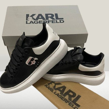 Modern Karl Lagerfeld shoes: black design, white heel, and signature logo
