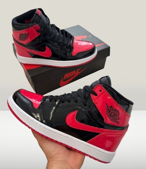 Red and black Air Jordan 1 Patent-Bred high-top sneakers