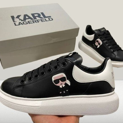 Sleek Karl Lagerfeld designer shoes in black with white accents and branded heel