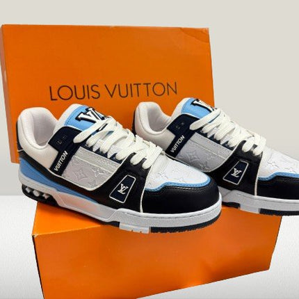 White and blue Louis Vuitton shoes on display